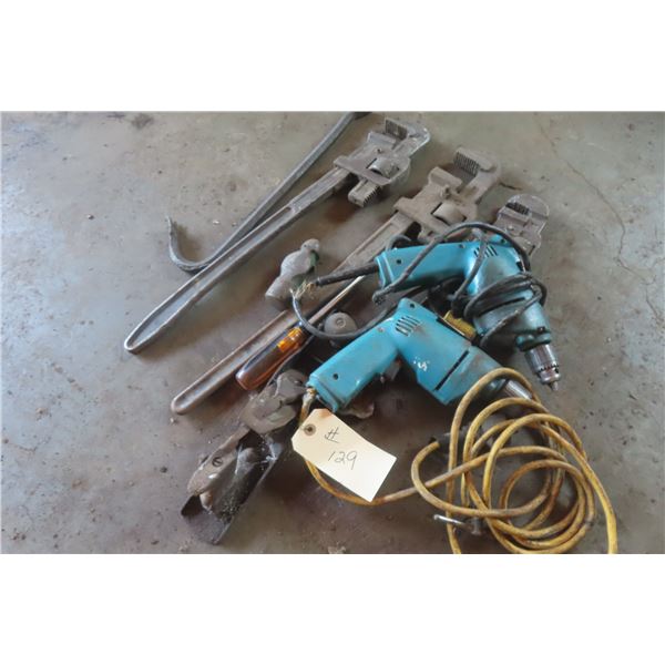 3 Pipe Wrenches, Planer, Crow Bar, and 2 Power Drills