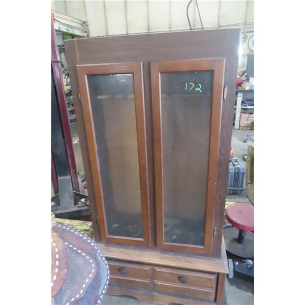 Wood Gun Cabinet with Glass Doors and Drawer,  62" x 32" x 14"