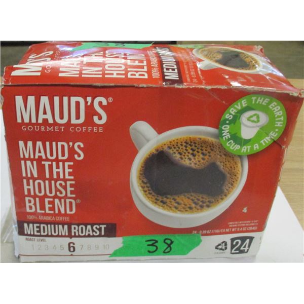 SHELF PULLS (AS IS):  MAUDS K-CUP MEDIUM ROAST COFFEE (APPROX. 20) - BOX