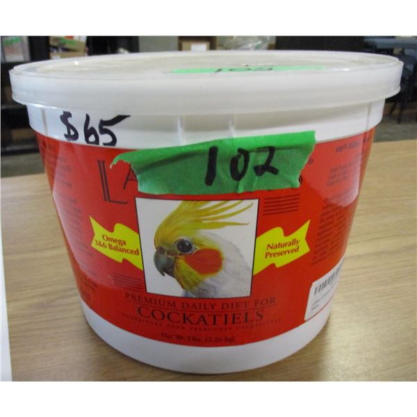 SHELF PULLS (AS IS):  PAIL C/W COCKATIEL FOOD