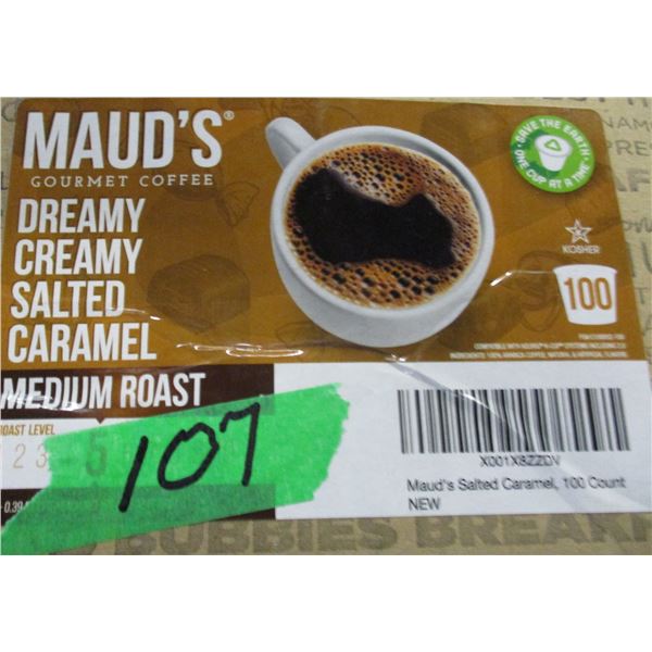 SHELF PULLS (AS IS):  MAUDS SALTED CARAMEL MEDIUM ROAST COFFEE (100 CUPS) - BOX