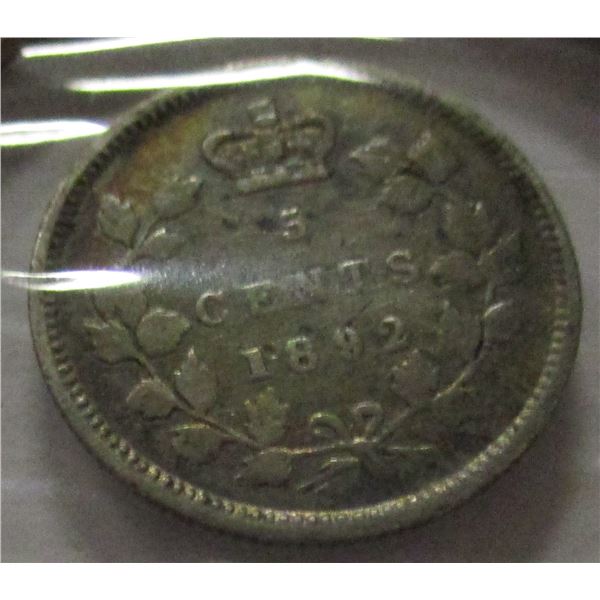 1892 CANADA VICTORIAN SILVER FIVE CENT