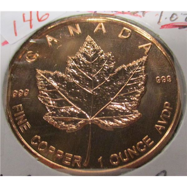 CANADA 1 OZ FINE COPPER MAPLE LEAF COIN