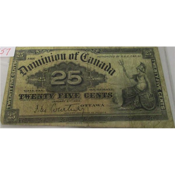 1900 DOMINION OF CANADA 25 CENT SHIN PLASTER