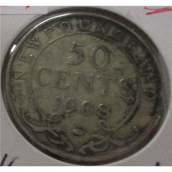 1908 NEWFOUNDLAND KING EDWARD VII SILVER HALF DOLLAR