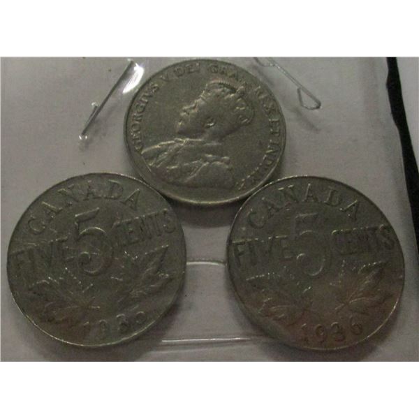 1934, 1935 & 1936 CANADA KING GEORGE V NICKELS