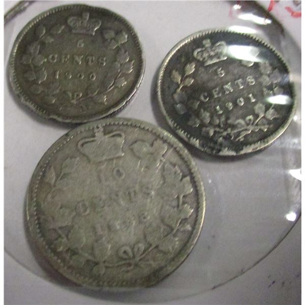 1888 DIME, 1900 SILVER FIVE CENT & 1901 SILVER FIVE CENT CANADA VICTORIAN COINS
