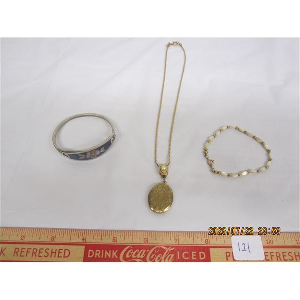 (2) Vintage Bracelets and a Locket with Chain
