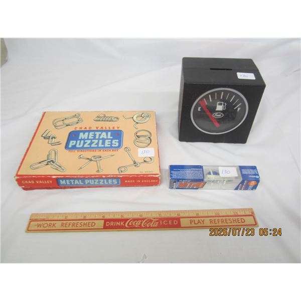 Toy Lot Metal Puzzles, Coin Bank, Naro Nitro Hex Bug
