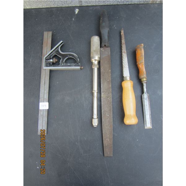 Lot of Hand Tools Square, File, Drywall Saw and a Chisle