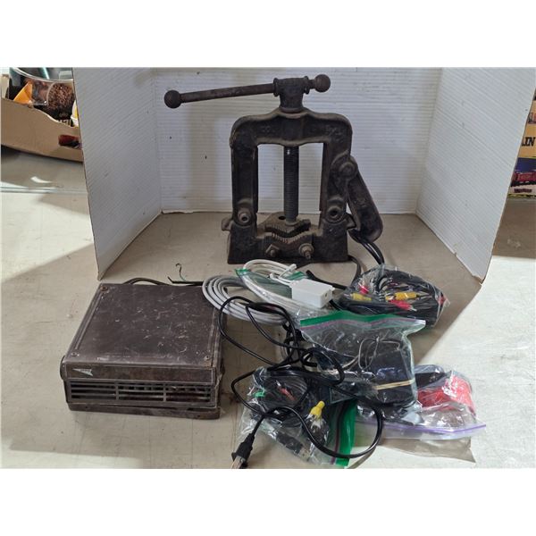 Antique pipe vise and misc cords and radio