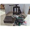 Image 1 : Antique pipe vise and misc cords and radio