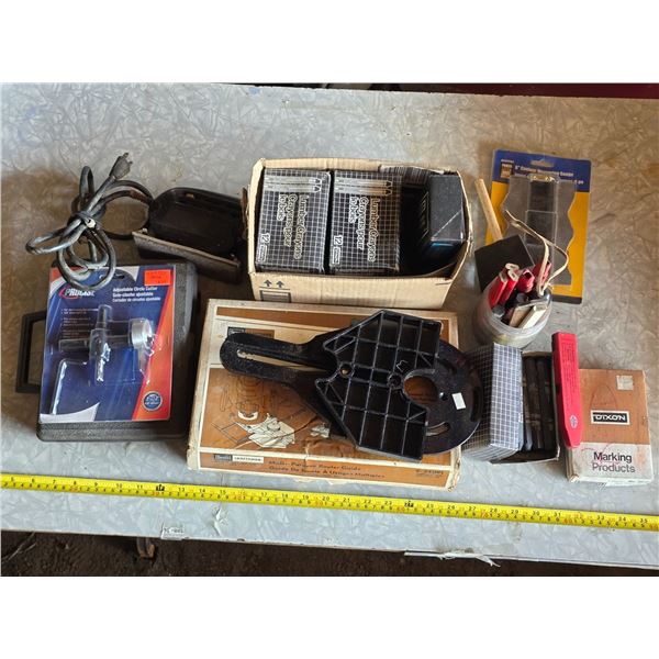 Lot of tools and accessories, lumber crayons, router guide