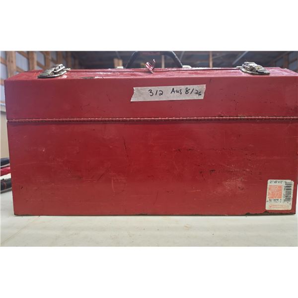 Red metal tool box with separators