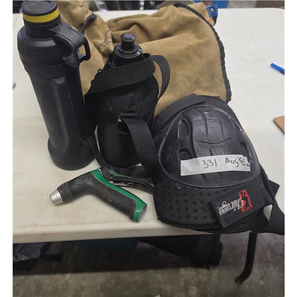 Lot of misc items- knee pads, water bottles