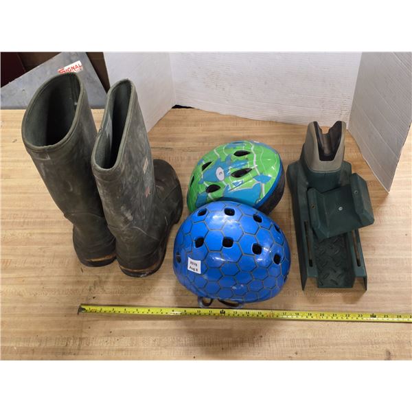 Rubber boots, bike helmets, gun rest