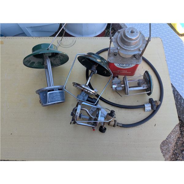 Box of lantern parts and vintage battery lantern