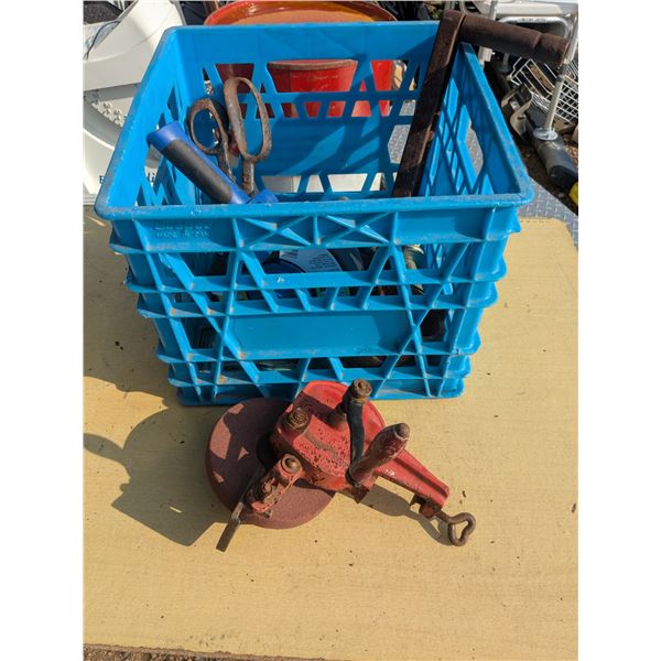 Milk crate of miscelaneous tools, includes handcrank grinder/sharpener