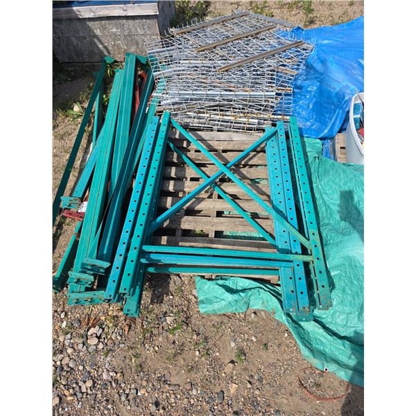 Pallet racking- 4 uprights 42" by 58.5"H- approx 12 cross beams- approx 10 shelves