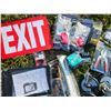 Image 3 : box of misc. - exit sign, casters, hockey skate covers, etc.