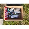 Image 4 : box of misc. - exit sign, casters, hockey skate covers, etc.