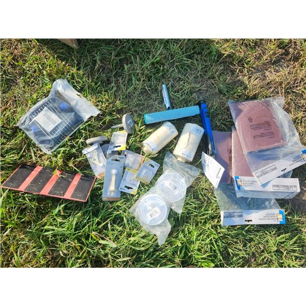 box of misc. - sanding sleeves, door hardware, etc.