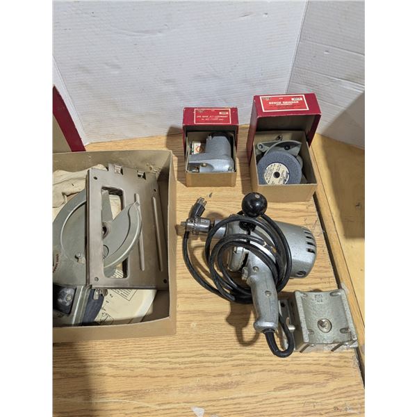 Vintage 1/2" drill, with 3 conversion attachments for different tooling