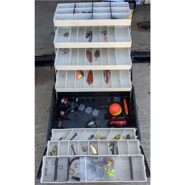 Large tackle box with lures and reels