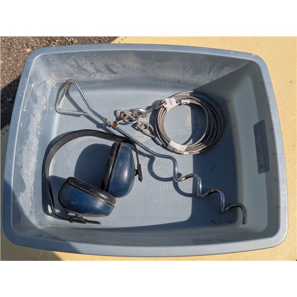 Plastic tray, dog tie out cable and stake, ear muffs