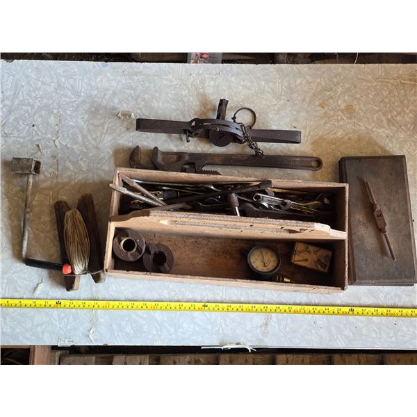Lot of antique tools- animal trap, wrench, gauges
