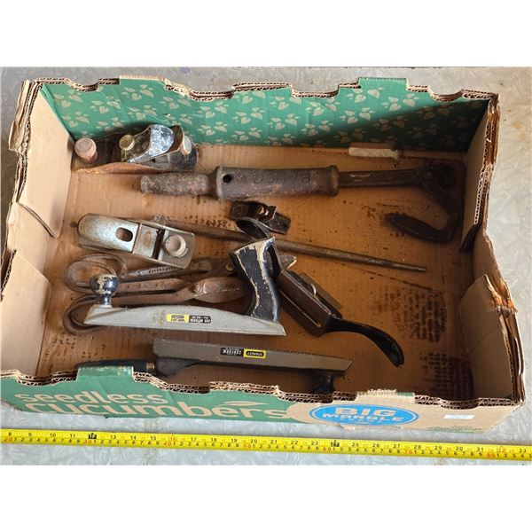 Antique tools, planer, nail puller, tin snips