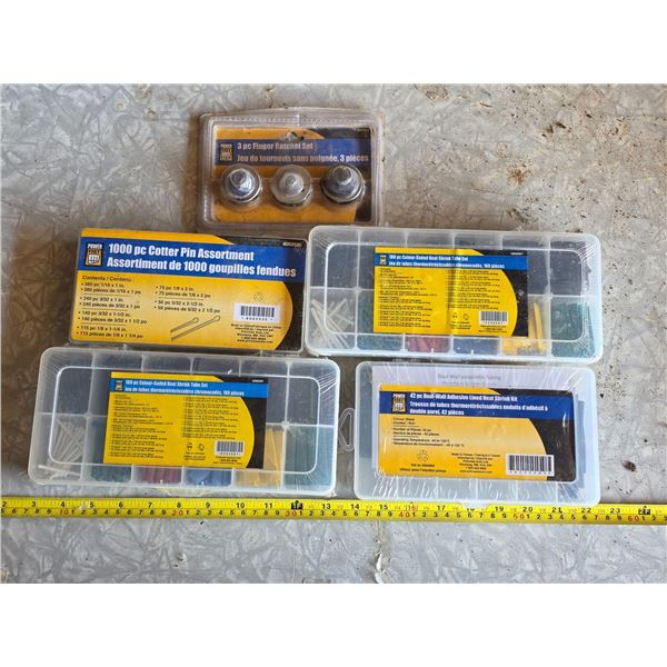 Lot of hardware, heat shrink kits, pin assortment, 3 piece rachet kit