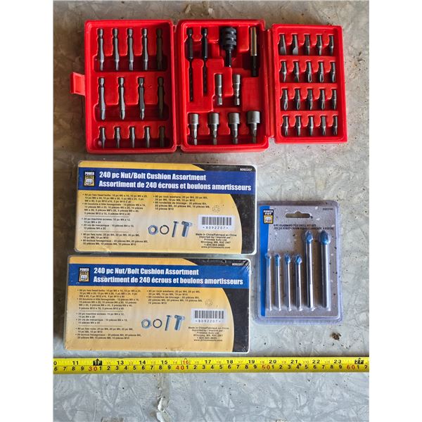 Lot of hardware, nut and bolt assortments, tile drill bits and screw driver set