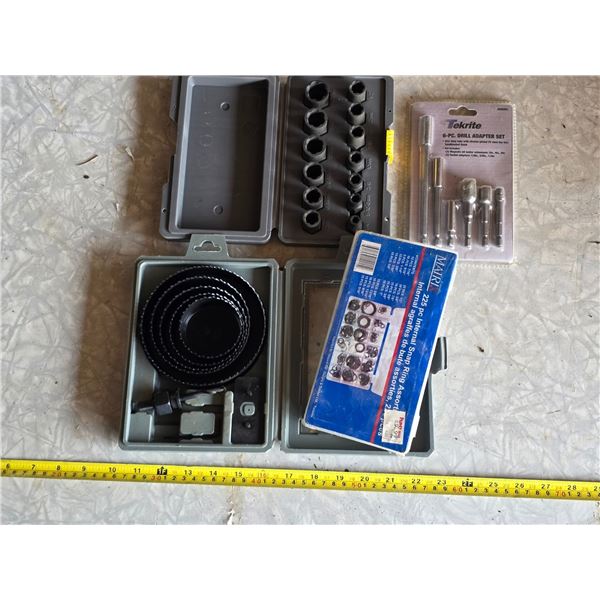 Drill bit adapters, socket set, hole saw bits