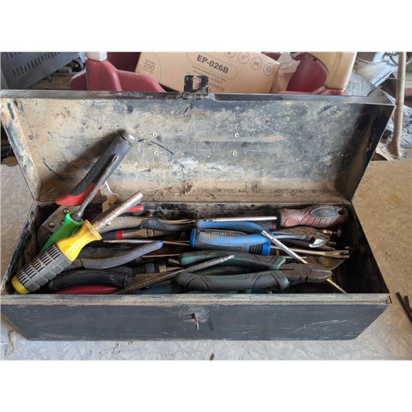 Metal toolbox with screwdrivers, pliers, etc.
