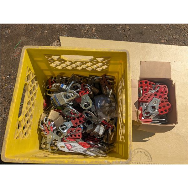 Milk crate of locks and lockout mechanisms