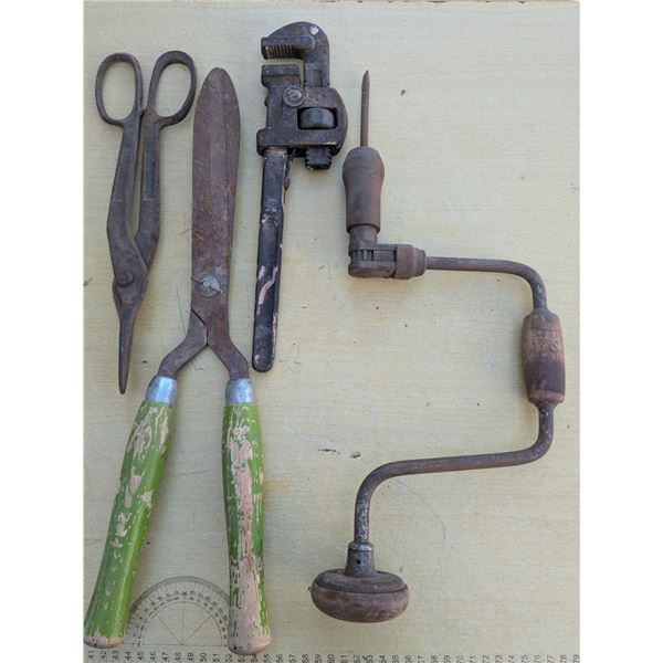 Vintage tool lot, pipewrench, tin snips, hand drill, hedge shears