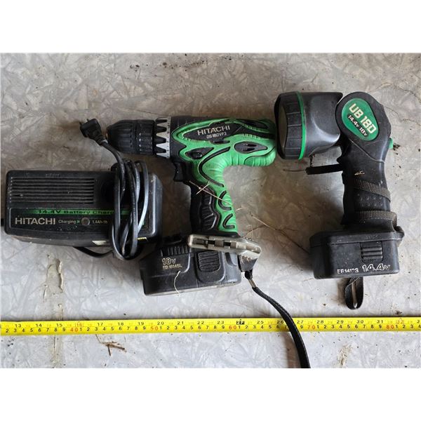 Hitachi drill, flash light, 2 batteries and charger- untested