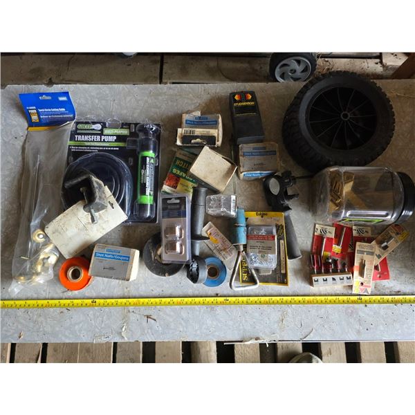 Assortment of tools and hardware- router bits, wheels
