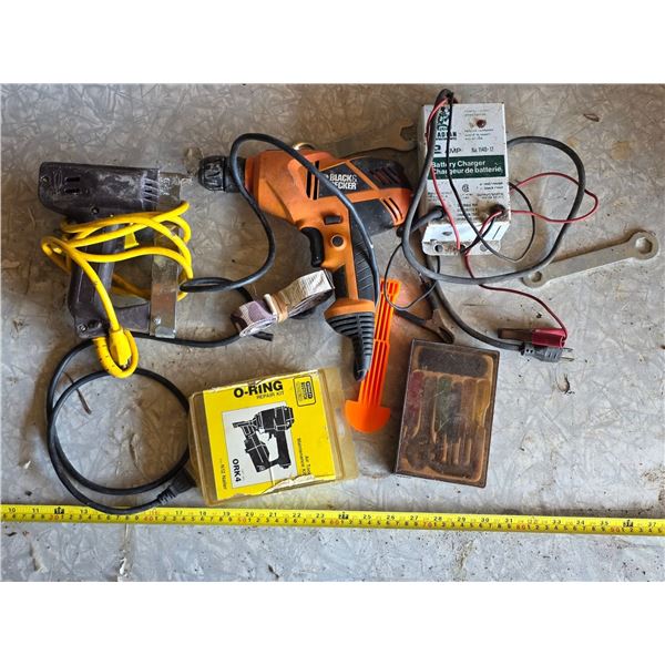 Assortment of tools, drill, battery charger- untested