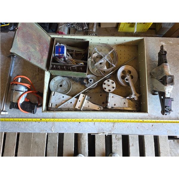 Various items, jack stand, pullies, drill,hinges