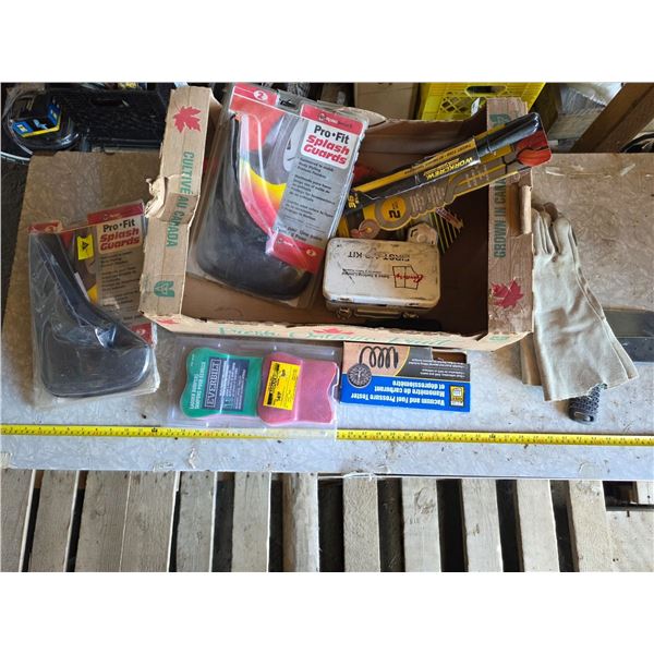 Assorted hardware and tools, prybars, splash guards