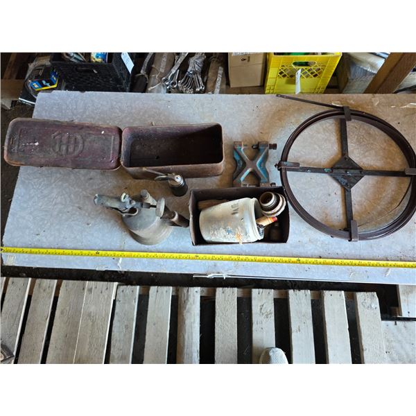 Various antique tools, blow torch