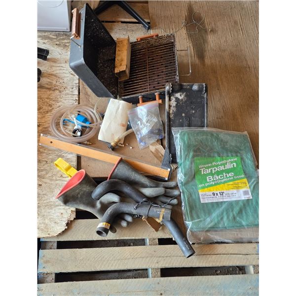Lot of misc items- tarp , grill, hardware
