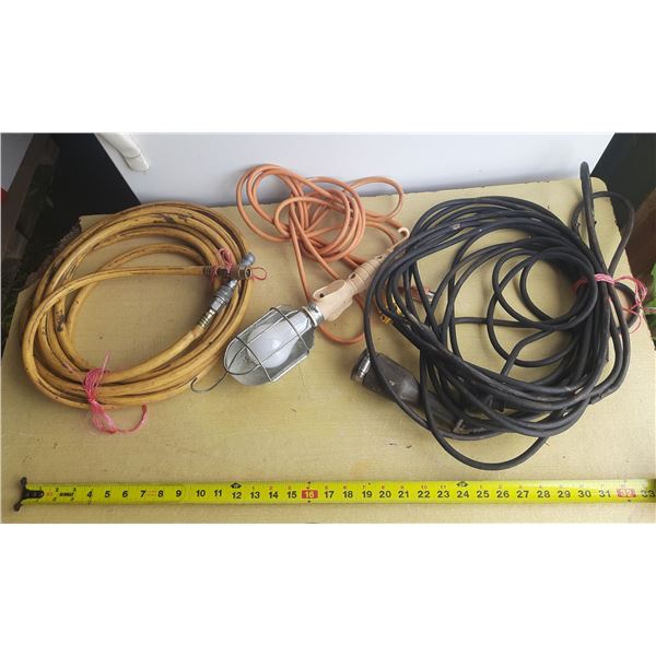 Air Compressor Hose, Vintage-style incandescent "trouble light" and Black Electric Cable -Damaged, s