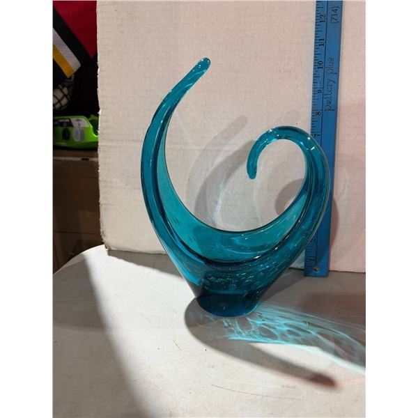 vintage mid-century modern teal art glass sculpture