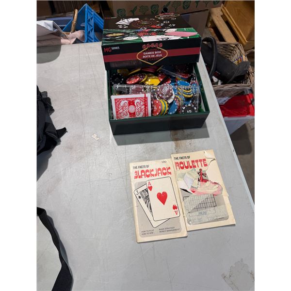 Casino game box, blackjack book, and roulette book