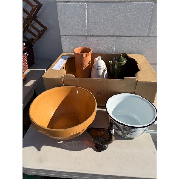 Wine chiller, tea, pots, mixing bowl, etc.