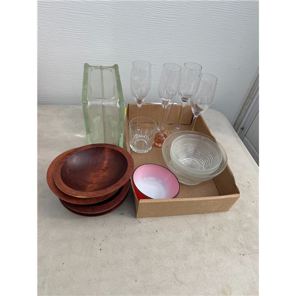 Wood bowls, glasses, etc.