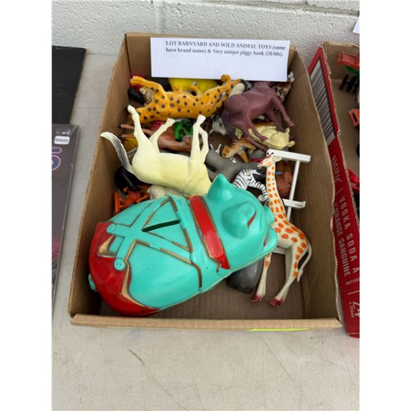 Barnyard and wild animal toys, and piggy bank